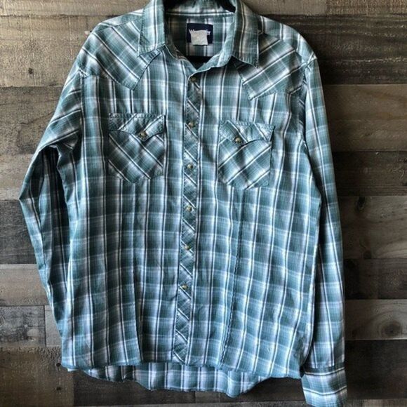 Wrangler Men’s Western Plaid Pearl Snap Long Sleeve Shirt Size Large Greenish - Picture 1 of 9